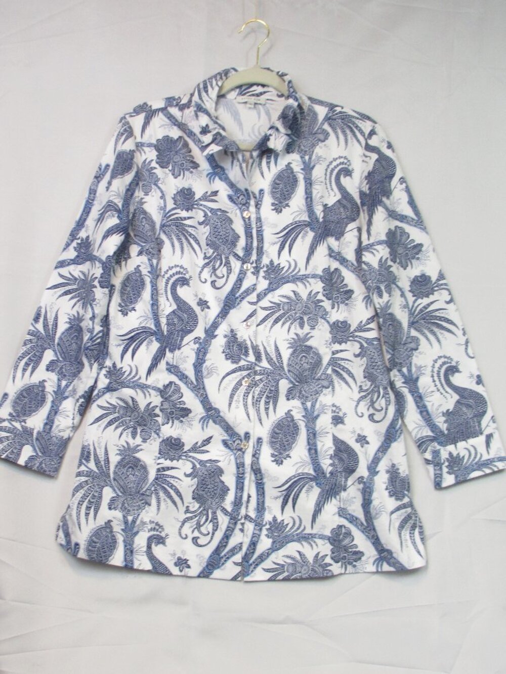 Patty Kim Elizabeth Shirt Navy Peacock Button Up Tunic Cotton Beach Cruise Sz M